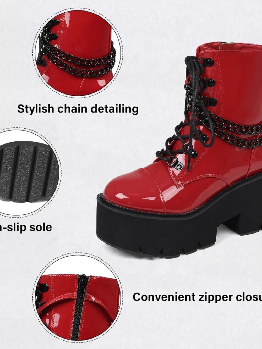 Women's Red Combat Chunky Wedge Heel Rave Goth Lace Up Zipper Shoes Booties - Picture 6 of 6